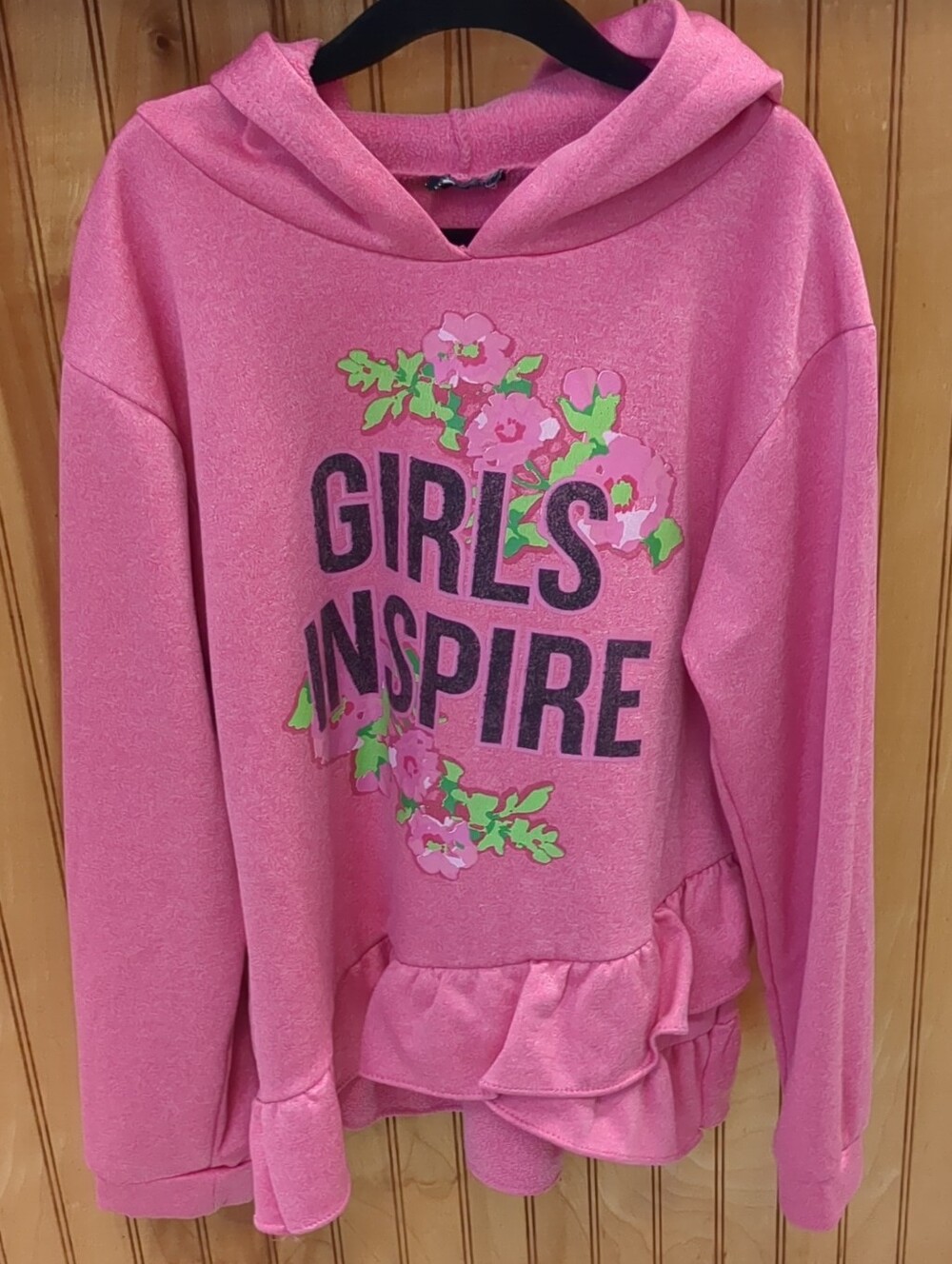 Girls Pink Hooded Sweatshirt with Floral "Girls Inspire" Graphic